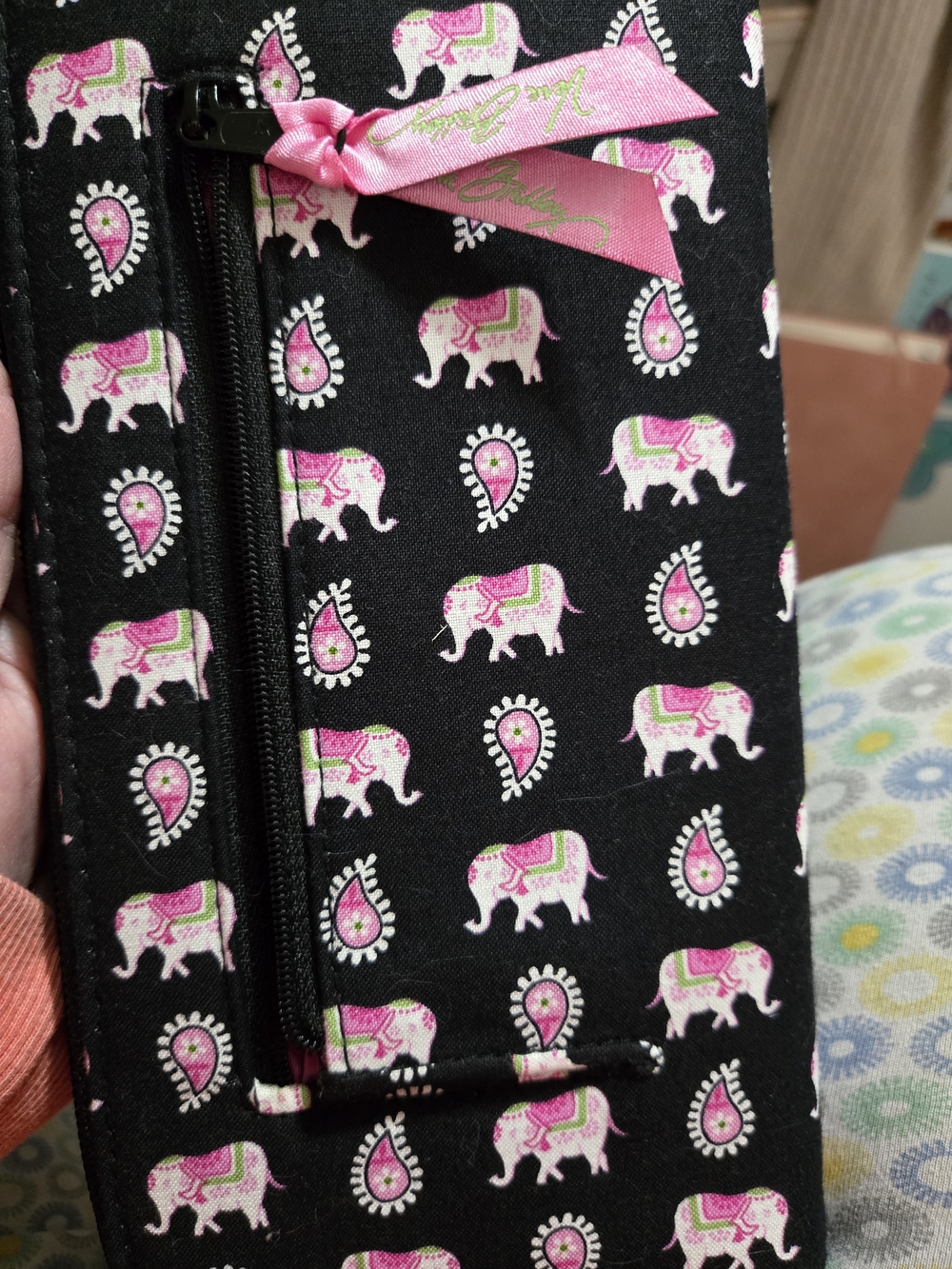 Vera Bradley Black Wristlet Phone Case with Pink & White Elephant Print